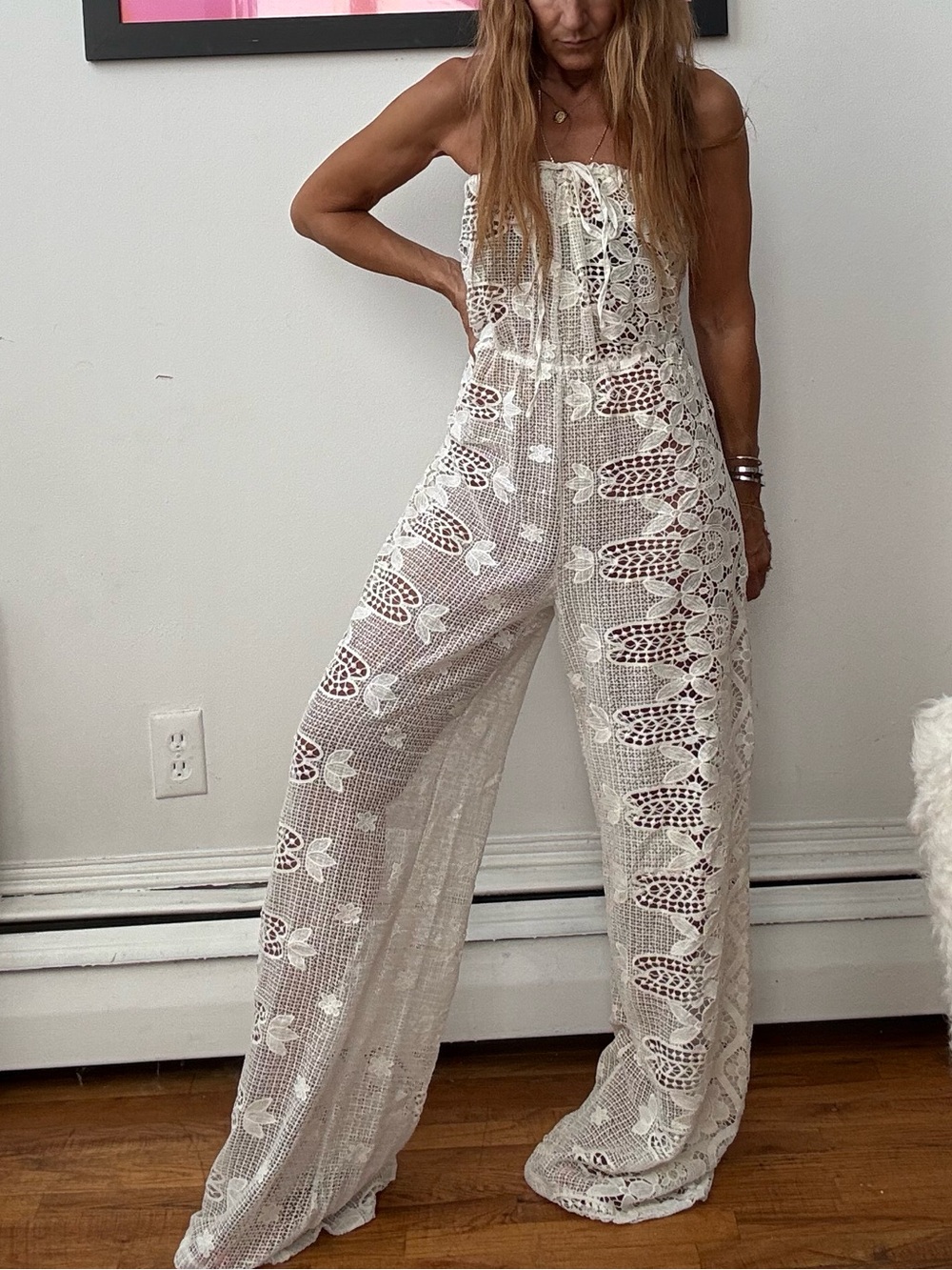Incredible Women’s White Crochet lace Wide-Leg tube Jumpsuit